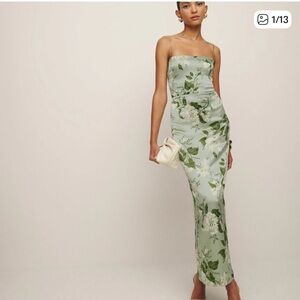Reformation Green Floral Strapless Wedding Dress